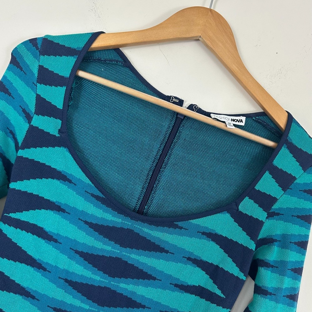 Fashion Nova Stay In Touch Psychedelic Abstract Sweater Jumpsuit Blue Stripe M